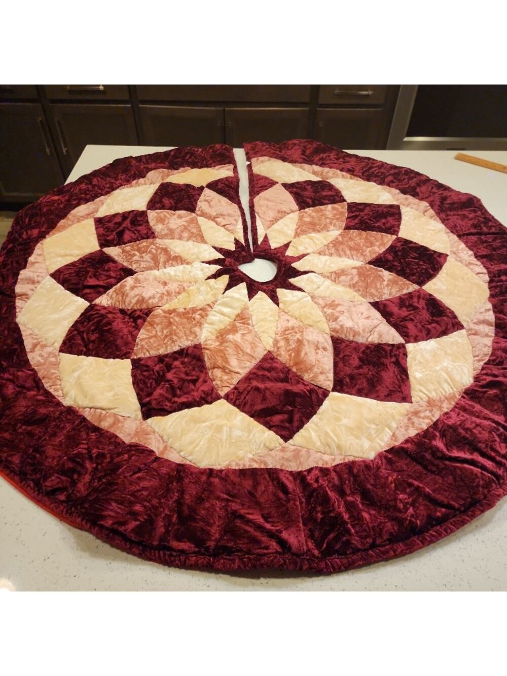 Christmas Three Skirt Velvet Patchwork Deep Red Pale Pink Creamy White 52"